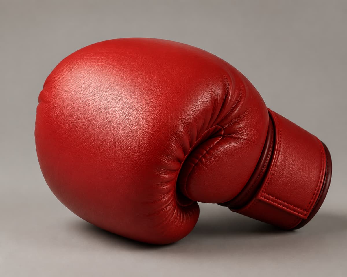 Gant de boxe rouge en cuir, vue de trois quarts sur fond gris chaud, avec coutures nettes et rembourrage volumineux apparent.