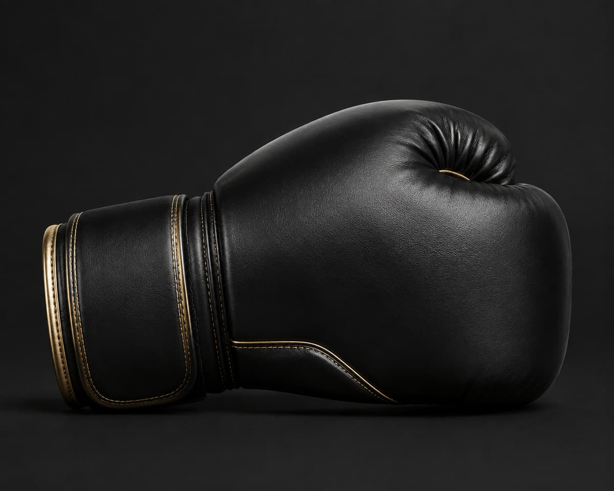 Gant de boxe noir avec accents dorés, présenté de profil sur un fond sombre neutre.