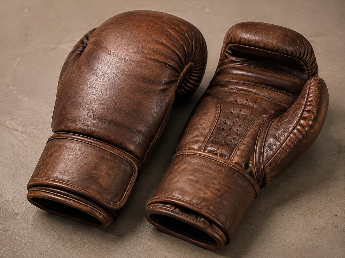Paire de gants de boxe en cuir à finition vintage posée sur un fond neutre, avec une paume perforée visible et un rembourrage uniforme.