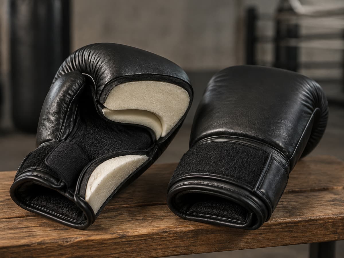 Gros plan d'une paire de gants de boxe sur un banc, un gant ouvert laissant voir un rembourrage épais et une manchette avec fermeture auto-agrippante.