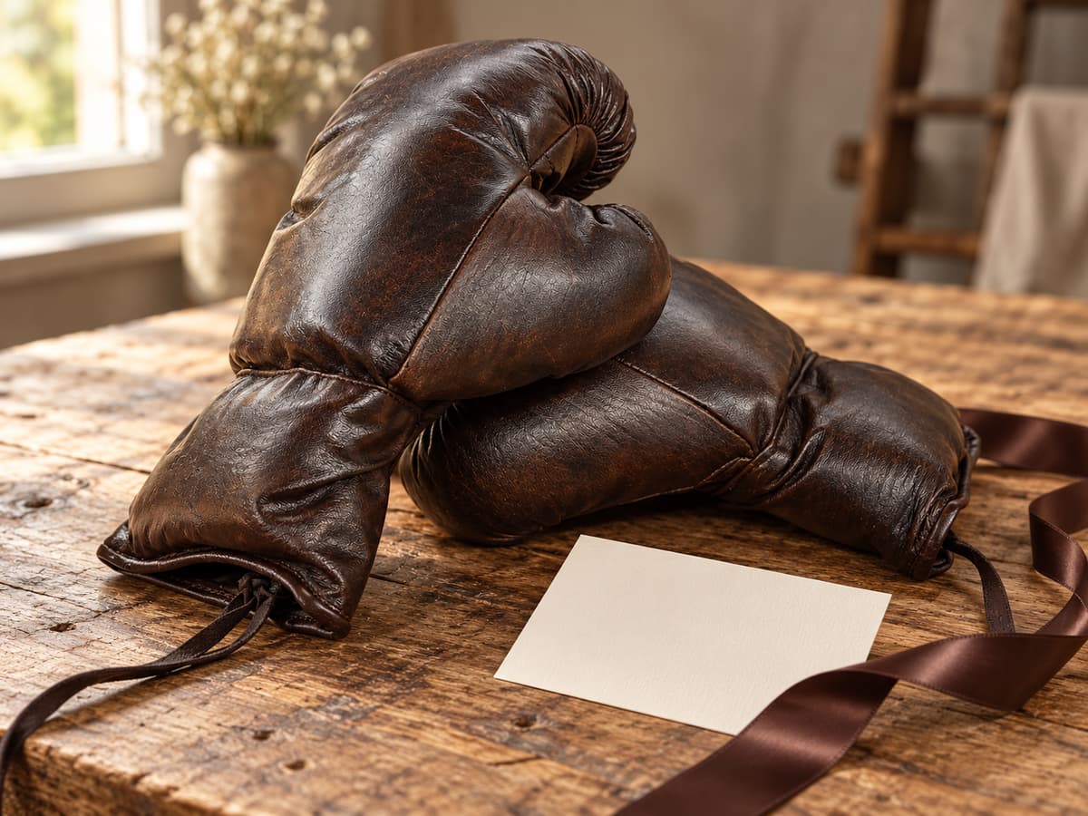 Paire de gants de boxe All Sport Vintage en cuir patiné posée sur une table avec une carte vierge et un ruban non attaché.