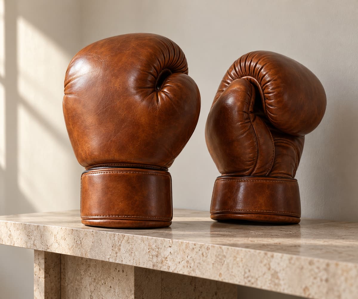 Paire de gants décoratifs au volume rebondi et à la patine cognac, posés côte à côte sur une console en bois clair.