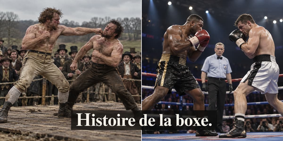 Comparaison en deux volets : à gauche, deux boxeurs s'affrontent à mains nues sur une estrade en bois ancienne ; à droite, un match de boxe réglementée avec gants de cuir, ring cordé et arbitre, avec le texte 'Histoire de la boxe' superposé.