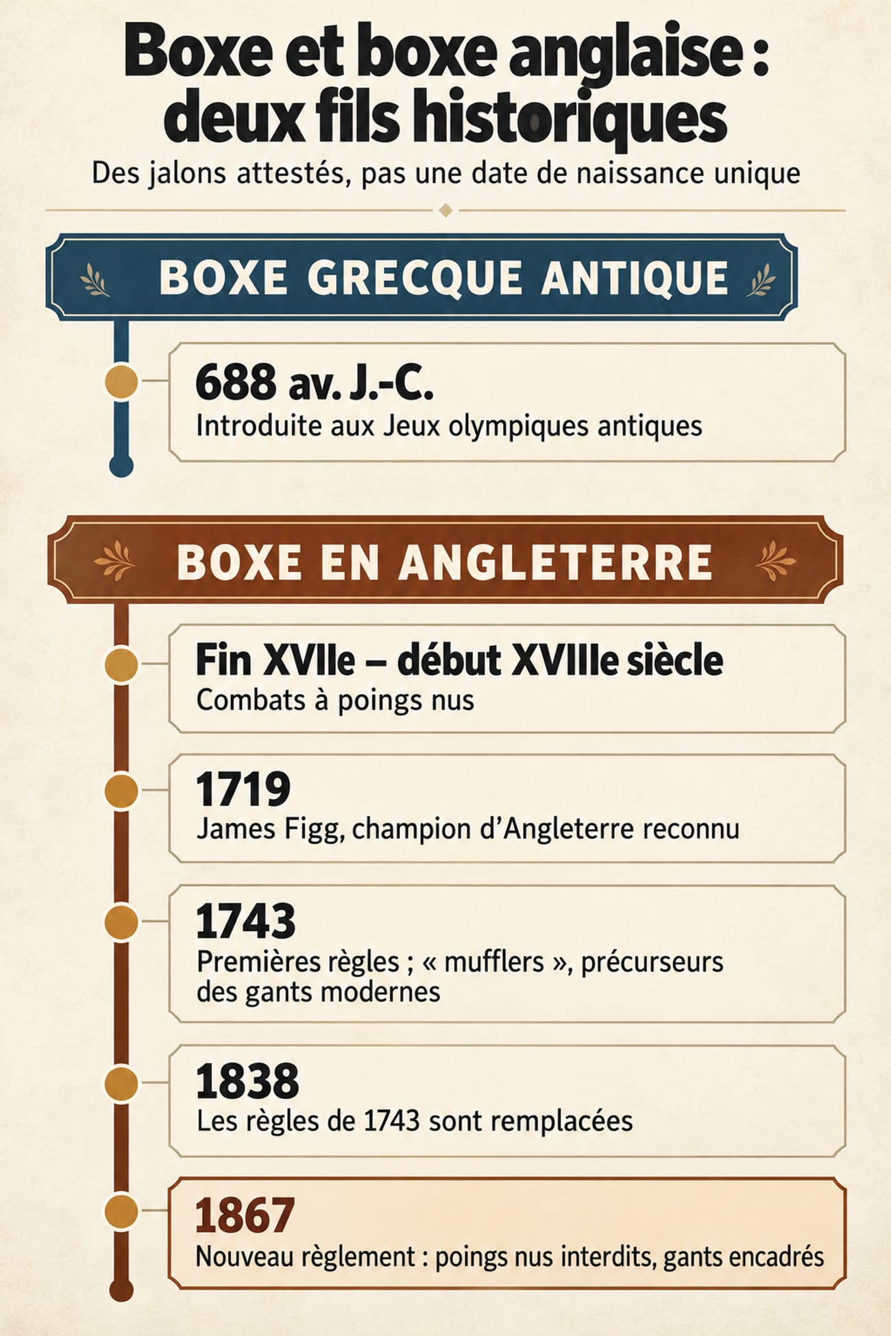 Frise à deux fils séparés : un repère de la boxe grecque antique en 688 av. J.-C., puis cinq jalons anglais, des combats à poings nus aux règles de 1867.