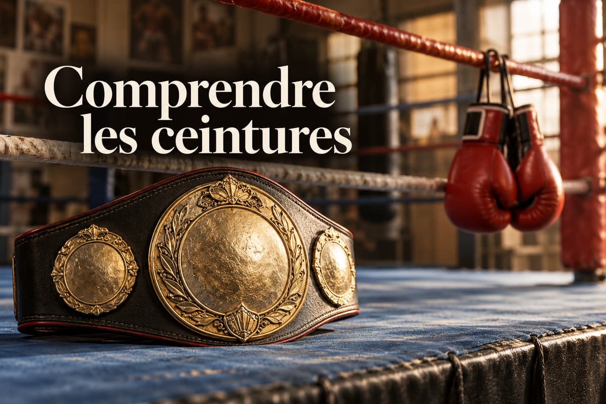 Ceinture de boxe à plaques métalliques posée au bord d’un ring, avec des gants d’entraînement accrochés aux cordes en arrière-plan.