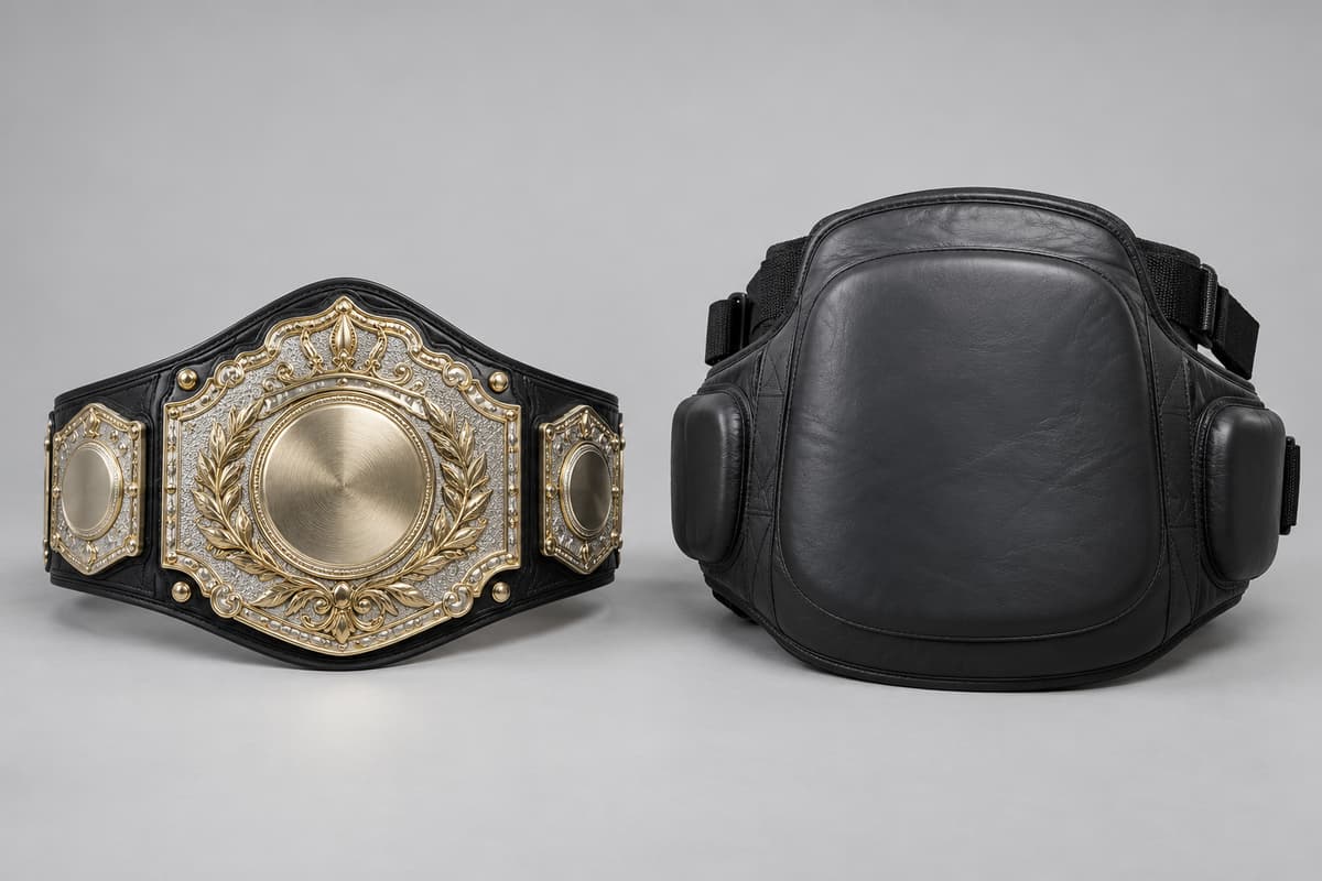 Deux objets posés côte à côte sur fond neutre : une ceinture décorative à plaques métalliques et une protection abdominale épaisse et rembourrée avec sangles.