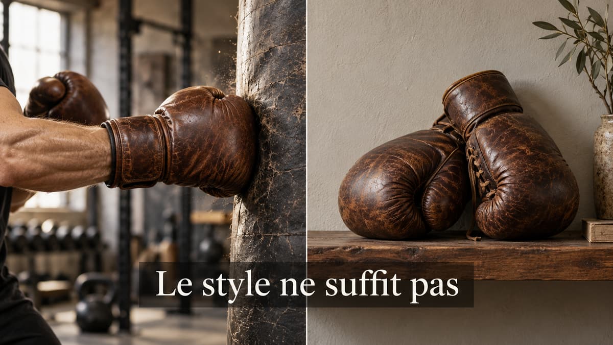 Deux scènes distinctes : à gauche, des gants de boxe vintage portés frappent un sac de frappe ; à droite, une paire décorative patinée repose sur une étagère. Le texte « Le style ne suffit pas » apparaît en surimpression.