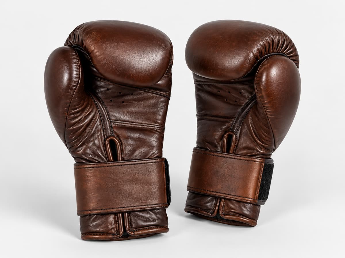 Paire de gants de boxe en cuir marron vintage, vue de trois quarts avec poignet et fermeture visibles.