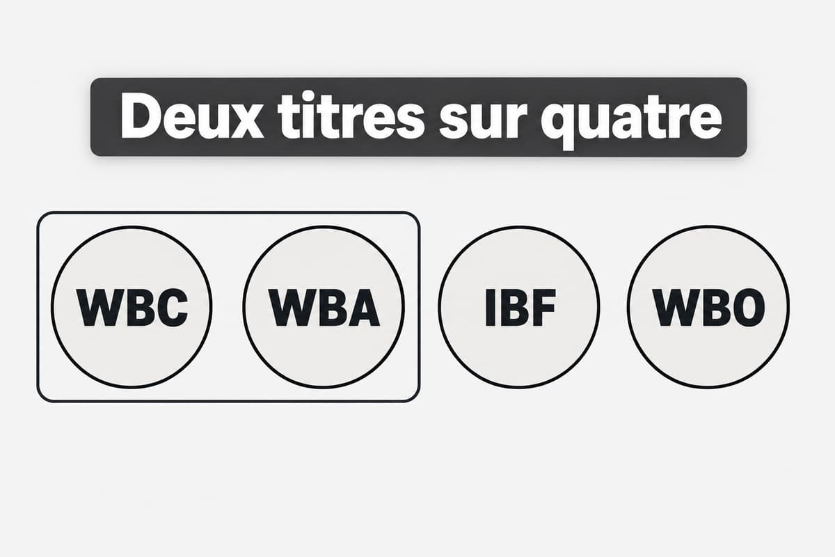 Quatre médaillons alignés portant les sigles WBC, WBA, IBF et WBO, avec un contour regroupant uniquement les deux premiers et le texte « Deux titres sur quatre » à l’écran.
