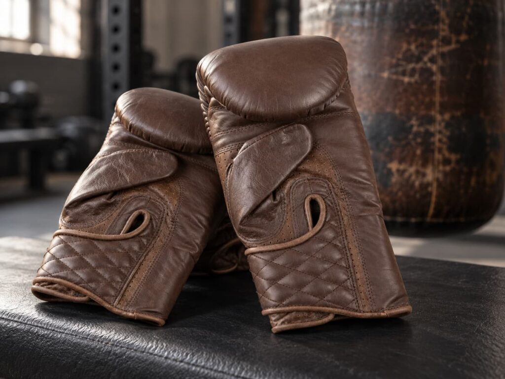 Paire de gants de boxe Lonsdale Vintage Brown posée au premier plan, avec un sac de frappe flouté à l'arrière-plan.