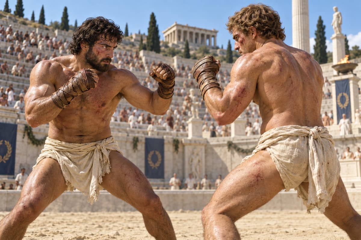Deux athlètes grecs s'affrontent dans un stade antique, les mains entourées de lanières de cuir.